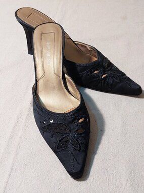 Nine West Black Satin Kitten Heel Mules w/Bead and Sequin Embroidery Size: 7.5